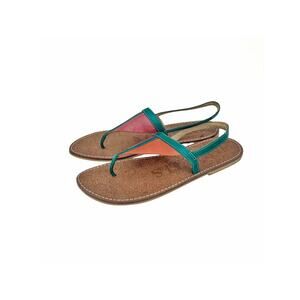 Colorblock Leather Toe Loop Sandals Size 11 Made in Brazil Boho Resort Flats EUC